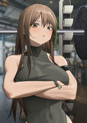Rule 34 | 1girl, absurdres, alter sang, armband, bare shoulders, black armband, black leotard, blurry, blurry background, blush, bodysuit, bracelet, breasts, brown eyes, brown hair, character name, commentary, commentary typo, covered navel, cowboy shot, crossed arms, english commentary, exercise machine, girls&#039; frontline, green hair, griffin &amp; kryuger, gym, heattech leotard, highres, jewelry, leotard, leotard sweater, long hair, looking at viewer, m4a1 (girls&#039; frontline), medium breasts, multicolored hair, name tag, no jacket, parted lips, solo, streaked hair, turtleneck, weights