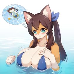 Rule 34 | 1girl, absurdres, animal ear fluff, animal ears, bikini, blue bikini, body fur, breasts, brown hair, collarbone, commentary, furry, furry female, green eyes, hand on own chest, highres, imagining, large breasts, long hair, looking down, orange fur, original, partially submerged, ponytail, slit pupils, solo, swimsuit, two-tone fur, water, white fur, whooo-ya