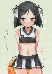 Rule 34 | 1girl, aohashi ame, bare shoulders, black hair, blush, brave witches, breasts, embarrassed, grey eyes, hair ribbon, highres, kanno naoe, midriff, miniskirt, navel, polka dot, polka dot background, pom pom (cheerleading), ribbon, short hair, simple background, skirt, small breasts, solo, world witches series
