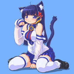 Rule 34 | 1girl, :3, animal ears, bad id, bad pixiv id, bare shoulders, blue eyes, blue hair, blue skirt, breasts, cat ears, cat tail, dd (ijigendd), detached sleeves, full body, kemonomimi mode, large breasts, long hair, matching hair/eyes, os-tan, paw pose, shoes, simple background, sitting, skirt, solo, tail, thighhighs, wariza, white thighhighs, xp-tan