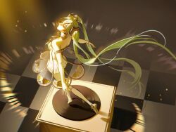 1girl closed_mouth dress expressionless eyelashes green_hair hair_between_eyes hatsune_miku headset hisa_ban light_rays long_hair looking_afar miku_symphony_(vocaloid) off-shoulder_dress off_shoulder phonograph ribbon see-through shadow sidelocks solo tutu twintails vocaloid yellow_ribbon