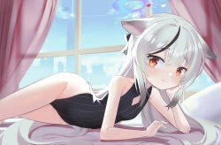 Rule 34 | 1girl, animal ears, bed, black one-piece swimsuit, blue archive, brown eyes, grey hair, groin, hand on own cheek, hand on own face, highleg, highleg swimsuit, highres, indoors, kokona (blue archive), long hair, looking at viewer, lying, multicolored hair, on side, one-piece swimsuit, smile, solo, streaked hair, striped clothes, striped one-piece swimsuit, swimsuit, thighs, tiger ears, tiger girl, vertical stripes, window, ziz (pandora707)