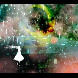 Rule 34 | 1girl, abstract, bad id, bad pixiv id, character request, crescent moon, dress, harada miyuki, letterboxed, moon, silhouette, star (symbol), surreal, vocaloid