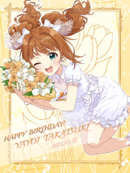 Rule 34 | 1girl, ;d, absurdres, blush, bouquet, brown hair, bug, butterfly, character name, dot nose, dress, earrings, floral background, flower, frilled dress, frills, gradient background, green eyes, grid background, hair ribbon, happy birthday, highres, holding, holding bouquet, idolmaster, idolmaster (classic), idolmaster million live!, idolmaster million live! theater days, insect, jewelry, lace trim, long hair, looking at viewer, necklace, one eye closed, open mouth, orange flower, orange ribbon, ribbon, round teeth, shiro (ongrokm), short sleeves, smile, solo, takatsuki yayoi, teeth, thighs, tulip, twintails, white dress, white flower, white ribbon, yellow background