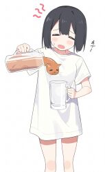 Rule 34 | 1girl, absurdres, animal, black hair, blush, cat, closed eyes, commentary request, cup, hair between eyes, highres, holding, holding cup, mug, nirareba, open mouth, original, pitcher (container), short sleeves, simple background, solo, standing, sweat, translation request, white background