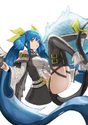 Rule 34 | 1girl, angel wings, ass, black legwear, blue hair, bow, breasts, buckle, dizzy (guilty gear), flasso, green bow, guilty gear, highres, large breasts, long hair, parted lips, red eyes, simple background, solo, tail, twintails, white background, white footwear, wings
