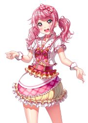 Rule 34 | 1girl, :d, bang dream!, blush, bow, center frills, choker, clenched hand, cowboy shot, earrings, flower, flower earrings, frilled shirt, frilled skirt, frills, hair bow, hair flower, hair ornament, highres, jewelry, kenkou toshikou, looking at viewer, maruyama aya, neck ribbon, open mouth, pink choker, pink eyes, pink hair, plaid, plaid bow, red bow, ribbon, sailor collar, shirt, short sleeves, sidelocks, simple background, skirt, smile, solo, striped choker, striped ribbon, twintails, white background, wrist cuffs
