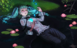 Rule 34 | 1girl, alternate costume, alternate hairstyle, aqua hair, braid, bug, butterfly, esukee, flower, glowing, green eyes, hair ribbon, hatsune miku, heart, highres, insect, lily pad, lips, long hair, lotus, lying, mikumix, night, on back, open clothes, open shirt, ribbon, shirt, solo, submerged, twin braids, twintails, very long hair, vocaloid, wallpaper, water, wet, wet clothes