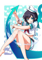 Rule 34 | 1girl, :d, absurdres, anchor, anchor symbol, belt, blue eyes, eyebrows, hair between eyes, hat, highres, hishaku, holding, knees together feet apart, koissa, long legs, looking at viewer, midriff, murasa minamitsu, open mouth, outline, rounded corners, sailor collar, shirt, short hair, short sleeves, shorts, sitting, smile, solo, touhou, water, white hat, white shirt, white shorts