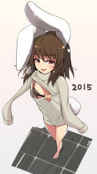 Rule 34 | 10s, 1girl, 2015, alternate costume, animal ears, barefoot, black bra, bra, breasts, brown hair, clothes pull, foreshortening, inaba tewi, ippongui, meme attire, open-chest sweater, rabbit ears, rabbit girl, rabbit tail, red eyes, short hair, small breasts, smile, solo, sweater, tail, touhou, underwear