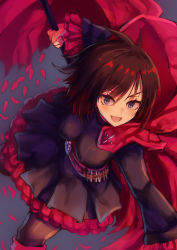 Rule 34 | 1girl, black dress, black hair, breasts, cape, cloak, corset, crescent rose, dress, frilled dress, frills, full body, hood, hooded cloak, medium breasts, red cape, red hair, ruby rose, rwby, short hair, grey eyes, solo, standing, thighhighs