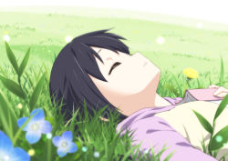 Rule 34 | 1girl, black hair, blurry, book, closed eyes, collarbone, depth of field, errant, flower, grass, holding, holding book, k-on!, lying, nakano azusa, on back, open book, short hair, sleeping, solo