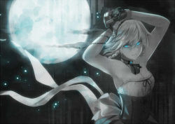 Rule 34 | alternate costume, armpits, arms up, ascot, backlighting, bare shoulders, black gloves, blue eyes, braid, breasts, brooch, chain, choker, cleavage, closed mouth, corset, dress, fingerless gloves, full moon, gloves, glowing, glowing eyes, hair between eyes, izayoi sakuya, jewelry, light smile, looking at viewer, maid headdress, medium breasts, moon, moonlight, nakaichi (ridil), pocket watch, silver hair, solo, strapless, strapless dress, touhou, twin braids, upper body, watch