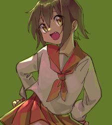 Rule 34 | 1girl, :d, bad id, bad pixiv id, brown hair, fang, green background, hair between eyes, hands on own hips, highres, kuroge (kewagyuu), kusakabe misao, long sleeves, lucky star, miniskirt, neckerchief, open mouth, pink neckerchief, pleated skirt, red sailor collar, red skirt, ryouou school uniform, sailor collar, school uniform, serafuku, shirt, short hair, skirt, smile, solo, white shirt, yellow eyes