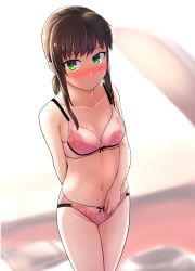 Rule 34 | 1girl, blurry, bow, bow bra, bow panties, bra, breasts, brown hair, chaigidhiell, cleavage, unworn clothes, commentary request, cowboy shot, depth of field, fubuki (kancolle), green eyes, highres, kantai collection, lace, lace-trimmed bra, lace-trimmed panties, lace trim, lingerie, long hair, looking at viewer, low ponytail, panties, pink bra, pink panties, ponytail, short ponytail, sidelocks, small breasts, smile, solo, standing, underwear, underwear only