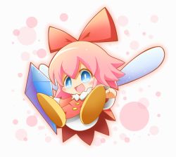 Rule 34 | 1girl, :d, blue eyes, blush, bow, crystal, dress, fairy, fairy wings, full body, hair between eyes, hair bow, kirby (series), kirby 64, long sleeves, looking at viewer, neru (neruneruru), nintendo, open mouth, panties, pink background, pink hair, polka dot, polka dot background, red bow, red dress, ribbon (kirby), shoes, smile, solo, underwear, white background, white panties, wings, yellow footwear