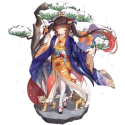 Rule 34 | 1girl, arrow (projectile), bell, blue robe, brown hair, chinese zodiac, closed mouth, colored tips, ema, flower, full body, girls&#039; frontline, hair flower, hair ornament, hair ribbon, hamaya, haneru, holding, holding arrow, japanese clothes, kimono, long hair, looking at viewer, m14 (girls&#039; frontline), m14 (tiger cubs of prosperity) (girls&#039; frontline), multicolored hair, nail polish, official alternate costume, official art, okobo, orange nails, red hair, ribbon, robe, sandals, simple background, smile, solo, standing, thighhighs, tiger, tiger cub, transparent background, twintails, white thighhighs, year of the tiger, yellow eyes