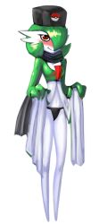 Rule 34 | 1girl, black hat, black panties, black scarf, blush, breasts, clothes lift, creatures (company), dress, dress lift, full body, game freak, gardevoir, gen 3 pokemon, green hair, hair over one eye, half-closed eyes, hands up, hat, lifted by self, looking at viewer, navel, nintendo, panties, pokemon, pokemon (creature), pokemon rse, red eyes, saladbomb, scarf, short hair, simple background, small breasts, smile, solo, standing, underwear, white background