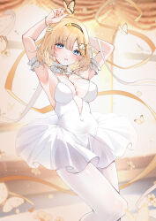 Rule 34 | 1girl, absurdres, arm garter, armpits, arms up, ballerina, ballet, ballet dress, bare shoulders, blonde hair, blue eyes, blush, bob cut, bracelet, breasts, bug, butterfly, cleavage, covered navel, dancing, hair ornament, hairband, highres, hololive, hololive english, insect, jewelry, large breasts, leotard, looking at viewer, magnifying glass, mole, mole on breast, open mouth, pantyhose, ribbon, see-through, short hair, smile, solo, standing, tutu, virtual youtuber, watson amelia, white leotard, white pantyhose, yukineko1018