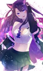 Rule 34 | 1girl, akikinoko, bad id, bad twitter id, black hair, black jacket, black skirt, blush, breasts, cleavage, cleavage cutout, clothing cutout, commission, gradient hair, halterneck, head tilt, highres, indie virtual youtuber, jacket, large breasts, multicolored hair, off shoulder, open mouth, purple eyes, purple hair, second-party source, shimotsuki miri, skeb commission, skirt, smile, solo, two side up, v-shaped eyebrows, virtual youtuber, white background