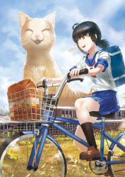 Rule 34 | 1girl, :d, animal, animal focus, bag, bicycle, bicycle basket, black hair, black socks, blue sailor collar, blue skirt, blue sky, brown footwear, cat, commentary request, day, from side, highres, kfr, open mouth, original, outdoors, oversized animal, pleated skirt, ponytail, riding bike, sailor collar, school bag, school uniform, serafuku, shirt, shoes, short hair, short sleeves, shoulder bag, skirt, sky, smile, socks, solo, white shirt