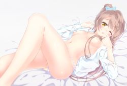 Rule 34 | 10s, 1girl, ;o, alc (ex2 lv), bad id, bad pixiv id, bare legs, blush, breasts, brown hair, finger to mouth, hair censor, long hair, looking at viewer, love live!, love live! school idol project, lying, medium breasts, minami kotori, navel, nipples, no bra, on back, one eye closed, open clothes, open shirt, panties, pink panties, shirt, solo, underwear, yellow eyes