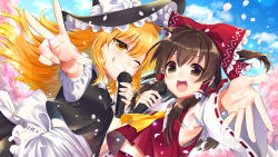 Rule 34 | 2girls, :d, apron, armpits, ascot, black headwear, black shirt, blonde hair, blue sky, bow, brown eyes, brown hair, cherry blossoms, cloud, day, detached sleeves, dutch angle, frilled apron, frilled bow, frills, grin, hair bow, hakurei reimu, hat, hat bow, holding, holding microphone, kirisame marisa, kirisita, long hair, long sleeves, looking at viewer, microphone, midriff, multiple girls, one eye closed, open mouth, outdoors, outstretched arm, print bow, red bow, red shirt, ribbon-trimmed sleeves, ribbon trim, sailor collar, shirt, short sleeves, sky, sleeveless, sleeveless shirt, smile, stomach, touhou, very long hair, w, waist apron, white apron, white bow, white sailor collar, white sleeves, witch hat, yellow ascot, yellow eyes