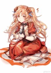 Rule 34 | absurdres, arknights, black necktie, blonde hair, blouse, bow, commentary request, elbow sleeve, epaulettes, hair bow, hair ornament, hair ribbon, head tilt, highres, holding, holding microphone, jacket, leaning forward, long hair, long skirt, looking at viewer, lotus position, messy hair, microphone, mole, mole under eye, necktie, official alternate costume, orange bow, orange ribbon, parted lips, pinecone (arknights), pinecone (sing a song) (arknights), red jacket, red skirt, ribbon, shirt, sidelocks, simple background, skirt, sleeves rolled up, solo, twintails, very long hair, waistband, white background, white shirt, wristband, yellow eyes, zuo daoxing