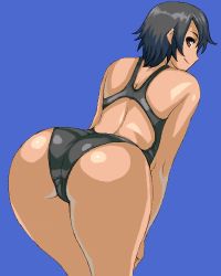 Rule 34 | 1girl, ass, back, bare shoulders, bent over, black hair, blue background, brown eyes, competition swimsuit, from behind, huge ass, looking back, lowres, matoyama, one-piece swimsuit, original, simple background, smile, solo, swimsuit, tan