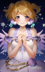 Rule 34 | 1girl, breasts, brown hair, closed mouth, collarbone, flower, hair flower, hair ornament, koizumi hanayo, looking at viewer, love live!, medium breasts, nakano maru, own hands together, purple eyes, purple flower, short hair, skirt, smile, solo, two side up, white skirt, x hair ornament