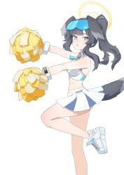 Rule 34 | 1girl, absurdres, animal ears, armpits, ass, black hair, blue archive, bracelet, character name, cheerleader, commentary, detached collar, dog ears, dog girl, dog tail, eyewear on head, grey eyes, hair between eyes, halo, hibiki (blue archive), hibiki (cheer squad) (blue archive), highres, holding, holding pom poms, jewelry, kkami15, long hair, looking at viewer, midriff, millennium cheerleader outfit (blue archive), official alternate costume, parted lips, pleated skirt, pom pom (cheerleading), pom poms, ponytail, shirt, shoes, sidelocks, simple background, skirt, sleeveless, sneakers, solo, standing, standing on one leg, sunglasses, tail, thighs, triangle mouth, white background, white shirt