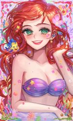 Rule 34 | 1girl, air bubble, animal, aqua flower, ariel (disney), arm support, bare arms, bare shoulders, breasts, bubble, cleavage, colorful, earrings, eyelashes, facepaint, fish, floating hair, flounder (the little mermaid), flower, green eyes, hair flower, hair ornament, hand in own hair, hand up, happy, highres, jewelry, light blush, light particles, long hair, looking at viewer, medium breasts, micha, parted lips, pink flower, purple background, purple flower, red hair, shell, shell bikini, simple background, smile, solo, sparkling eyes, star (symbol), star earrings, stomach, tareme, the little mermaid, underwater, yellow flower