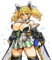 Rule 34 | 1girl, blonde hair, blue eyes, blush, breasts, cleavage, corset, gene (pso2), large breasts, long hair, looking at viewer, microskirt, open mouth, phantasy star, phantasy star online, phantasy star online 2, sachito, simple background, skirt, solo, sweat, teeth, thick thighs, thighhighs, thighs, twintails, white background