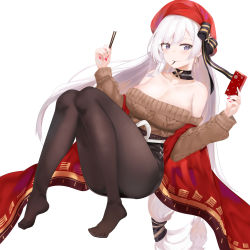 Rule 34 | 1girl, absurdres, alternate costume, aran sweater, ass, azur lane, bare shoulders, belfast (azur lane), belfast (shopping with the head maid) (azur lane), beret, black pantyhose, black skirt, blush, breasts, brown sweater, cable knit, choker, earrings, feet, food, hat, high heels, highres, holding, holding food, hoop earrings, jewelry, large breasts, legs, long hair, long sleeves, looking at viewer, mouth hold, nail polish, no shoes, off-shoulder sweater, off shoulder, pantyhose, pencil skirt, purple eyes, red hat, ru zhai, shawl, sidelocks, silver hair, simple background, skirt, smile, solo, sweater, thighband pantyhose, toes, very long hair, white background