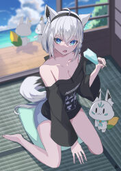 Rule 34 | 1girl, absurdres, ahoge, animal ear fluff, animal ears, black bow, black shirt, blue eyes, blue shorts, blurry, blurry background, bow, braid, breasts, cleavage, cloud, cloudy sky, commentary request, day, earrings, esu 3101, food, fox ears, fox girl, fox tail, hair between eyes, hair bow, highres, holding food, holding ice cream, hololive, ice cream, indoors, jewelry, long hair, looking at viewer, ocean, off-shoulder shirt, off shoulder, pillow, popsicle, shirakami fubuki, shirt, shorts, sidelocks, single braid, sitting, sky, sliding doors, small breasts, sukonbu (shirakami fubuki), tail, tatami, virtual youtuber, wariza, white hair