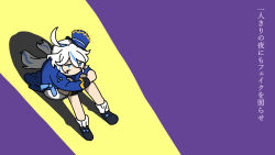 Rule 34 | 1girl, ahoge, black footwear, blue eyes, blue hair, blue jacket, commentary request, fuka (kantoku), full body, furina (genshin impact), genshin impact, hair between eyes, hat, heterochromia, highres, hugging own legs, jacket, liar dancer (synthesizer v), long hair, long sleeves, mismatched pupils, multicolored hair, no mouth, purple background, shoes, sitting, solo, synthesizer v, top hat, translation request, white hair