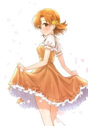 Rule 34 | 1girl, absurdres, b1ack illust, bare legs, blush, breasts, dress, falling petals, feet out of frame, flower, hair flower, hair ornament, highres, idolmaster, idolmaster million live!, looking at viewer, looking to the side, orange dress, orange hair, petals, pinafore dress, puffy short sleeves, puffy sleeves, shirt, short sleeves, skirt hold, sleeveless, sleeveless dress, small breasts, smile, solo, white shirt, yabuki kana