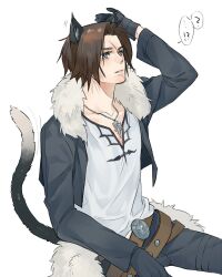 Rule 34 | !?, 1boy, ?, animal ears, belt, black jacket, black pants, blue eyes, brown hair, cat boy, cat ears, cat tail, confused, cropped jacket, final fantasy, final fantasy viii, fur-trimmed jacket, fur trim, hand on own head, jacket, jewelry, leather belt, long sleeves, male focus, multiple belts, necklace, nini tw99, open clothes, open jacket, pants, parted lips, scar, scar on face, shirt, short hair, sitting, solo, squall leonhart, tail, v-neck, white background, white shirt
