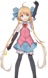 Rule 34 | 1girl, :d, ahoge, arm up, black gloves, blonde hair, bloomers, blue eyes, blue ribbon, blue skirt, candy, capelet, commentary, elbow gloves, english commentary, eyes visible through hair, food, gloves, hair ribbon, highres, lollipop, looking at viewer, open mouth, original, pantyhose, pink shirt, polka dot, polka dot skirt, ribbon, shirt, shone, short hair with long locks, simple background, skirt, sleeveless, sleeveless shirt, smile, solo, striped clothes, striped pantyhose, underwear, vertical-striped clothes, vertical-striped pantyhose, white background