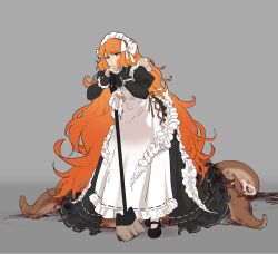 Rule 34 | 1girl, black footwear, blood, blood on clothes, blood on ground, bow, broom, dress, frilled dress, frilled sleeves, frills, hair bow, headband, highres, ishmael (project moon), limbus company, long hair, maid, maid headdress, orange hair, project moon, shiqicheng, slippers, tentacles, wavy hair