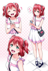 Rule 34 | 10s, 1girl, :d, bag, bare arms, black footwear, blush, bow, breasts, cellphone, closed eyes, dress, frill trim, frills, full body, green eyes, hair tie, halftone, halftone background, handbag, highres, holding, holding phone, kurosawa ruby, looking at viewer, love live!, love live! sunshine!!, medium hair, multiple views, musical note, open mouth, phone, pink bow, pocketbook, polka dot, polka dot background, red hair, sleeveless, sleeveless dress, small breasts, smartphone, smile, socks, speech bubble, teeth, upper body, upper teeth only, white dress, white legwear, yopparai oni