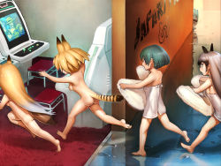 Rule 34 | 10s, 4girls, aasu kirishita, angry, animal ears, arcade, arcade cabinet, ass, back, bare back, bare shoulders, barefoot, blonde hair, bob cut, breasts, brown hair, carpet, cat ears, cat tail, chasing, commentary request, completely nude, ezo red fox (kemono friends), fox ears, fox tail, from side, green hair, hol horse, holding, holding towel, indoors, japari symbol, jojo no kimyou na bouken, kaban (kemono friends), kemono friends, long hair, looking at another, lucky beast (kemono friends), medium breasts, multiple girls, naked towel, nude, open mouth, outstretched arms, peeking out, profile, public indecency, public nudity, puddle, red carpet, running, sega astro city, serval (kemono friends), serval tail, short hair, silver fox (kemono friends), soles, stool, tail, towel, wet, white towel