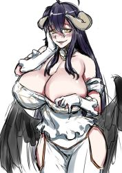 Rule 34 | 1girl, 774 (nanashi), albedo (overlord), black hair, blush, breasts, cleavage, dress, female focus, gloves, grin, horns, huge breasts, long hair, looking at viewer, naughty face, overlord (maruyama), smile, solo, thick thighs, thighs, wide hips, wings, yellow eyes