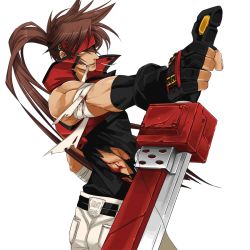 Rule 34 | 1boy, arc system works, bandages, brown hair, gloves, guilty gear, headband, injury, kyouhei, long hair, male focus, muscular, sol badguy, solo, sword, torn clothes, weapon, yellow eyes