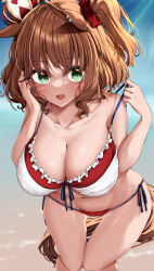 Rule 34 | 1girl, absurdres, alternate costume, animal ears, aston machan (umamusume), beach, bent over, blurry, blurry background, breasts, cleavage, collarbone, commentary request, green eyes, hair ornament, highres, horse ears, horse girl, horse tail, large breasts, lens flare, looking at viewer, medium hair, navel, ocean, solo, swimsuit, tabunshake, tail, umamusume