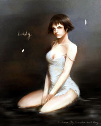 Rule 34 | 00s, 1girl, bare shoulders, black hair, capcom, devil may cry (series), devil may cry 3, dress, green eyes, heterochromia, lady (devil may cry), realistic, red eyes, short hair, solo, strap slip