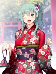 Rule 34 | 1girl, alternate costume, alternate hairstyle, aqua hair, blush, breasts, day, floral print, flower, gin&#039;ichi (akacia), green eyes, hair between eyes, hair flower, hair ornament, holding, japanese clothes, kantai collection, kimono, long hair, long sleeves, new year, obi, one eye closed, open mouth, outdoors, ponytail, sash, sidelocks, solo, suzuya (kancolle), wide sleeves