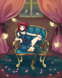 Rule 34 | 1girl, alternate costume, armchair, asymmetrical clothes, bekkourico, blue eyes, blue upholstery, boots, bow, bug, butterfly, chair, choker, cross-laced footwear, curtains, dress, flower, full body, hair bobbles, hair flower, hair ornament, hand on own knee, bug, lace-up boots, legs, long hair, petals, pleated skirt, purple flower, purple rose, red curtains, red flower, red hair, red rose, rose, sitting, skirt, solo, tattoo, twintails, two side up, umineko no naku koro ni, ushiromiya ange, window