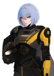 Rule 34 | 1girl, absurdres, armor, blue hair, cape, commentary, cosplay, crossover, english commentary, gloves, green eyes, gun, hair between eyes, helldiver (helldivers), helldiver (helldivers) (cosplay), helldivers (series), helmet, highres, holding, makeup, original, saki (the atko), short hair, skull, solo, the atko, weapon