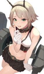 Rule 34 | 1girl, absurdres, black skirt, blush, breasts, brown hair, gloves, green eyes, headgear, highres, kantai collection, large breasts, machinery, mutsu (kancolle), navel, open mouth, oweee, pleated skirt, resolution mismatch, rigging, short hair, simple background, skirt, solo, source smaller, turret, white background, white gloves